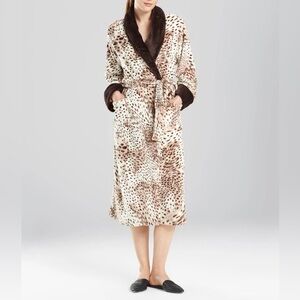 Natori Plush Brushed Fleece Robe Leopard Print Long Sleeve Size L